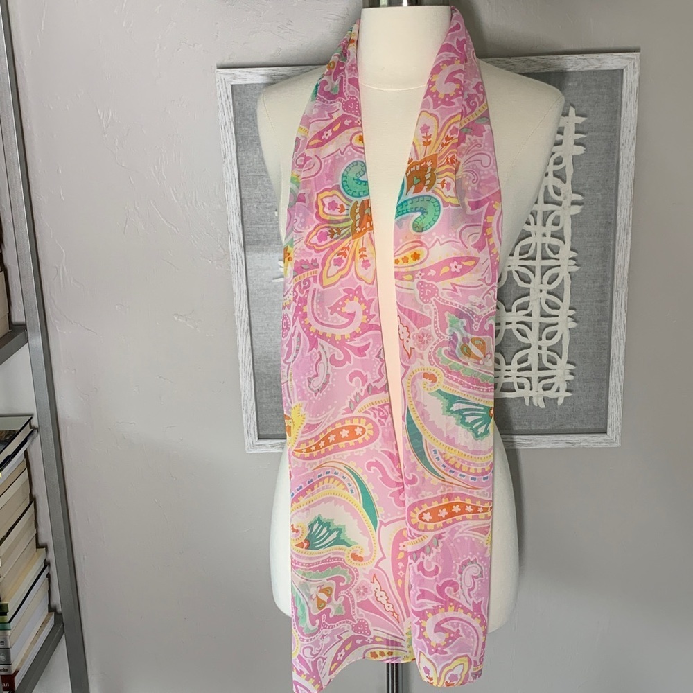 New York and Co pink, green, yellow and orange paisley print silk scarf
